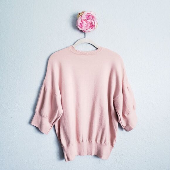 Anthropologie Ella Moss Baby Pink Scalloped Puff Sleeve Sweater - Picture 6 of 6